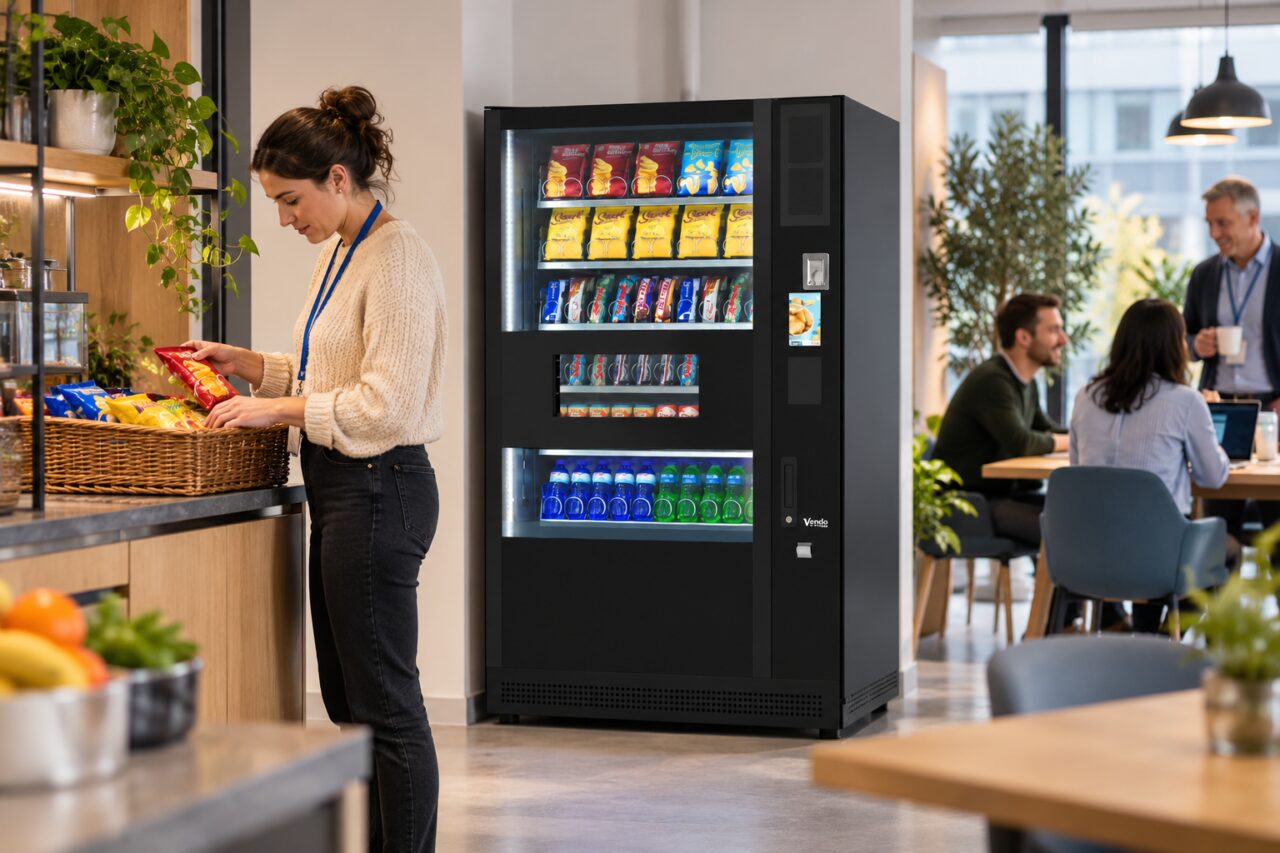 Host checks an unattended snack basket beside a vending machine