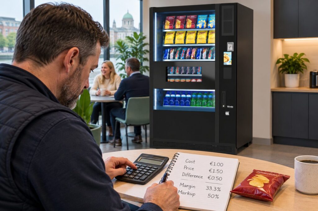 Operator calculates margin and markup beside a vending machine