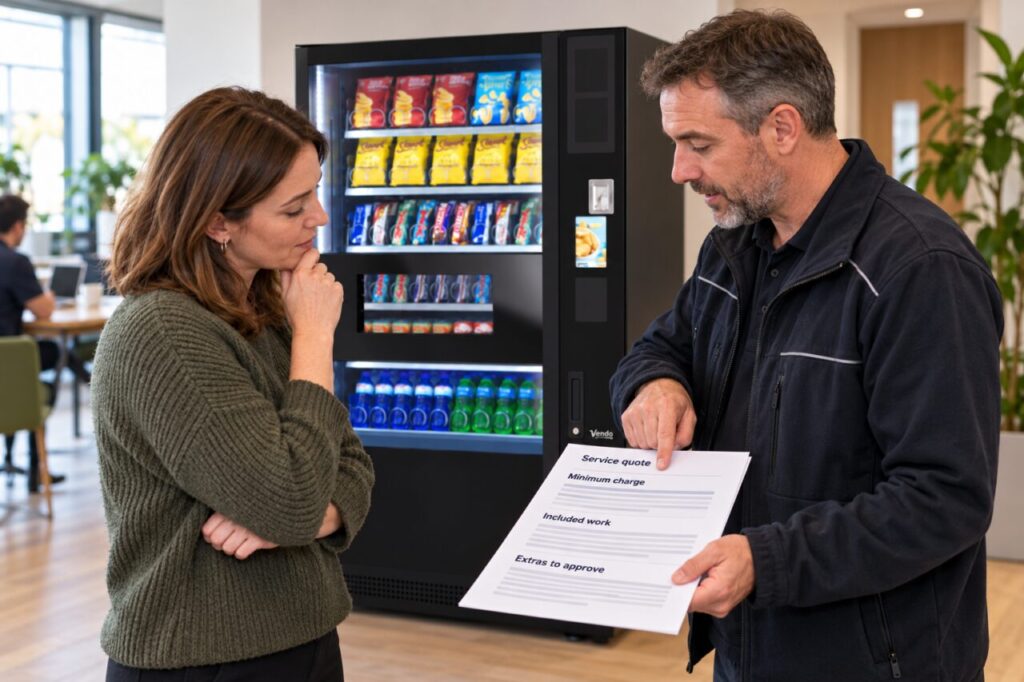 Buyer checks the minimum-charge line in a vending service quote