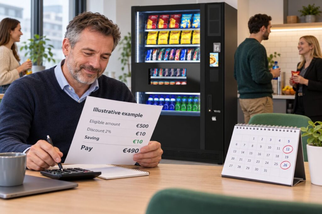 Owner compares invoice dates and an early-payment discount beside vending