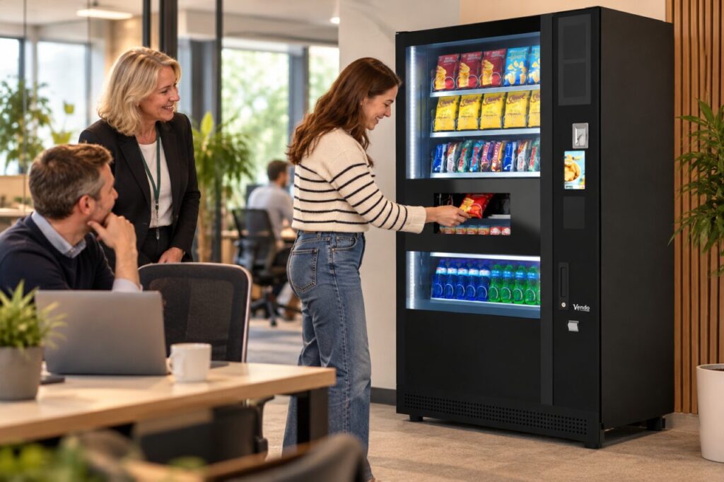 Buyer listens from a desk while a colleague collects a vending snack