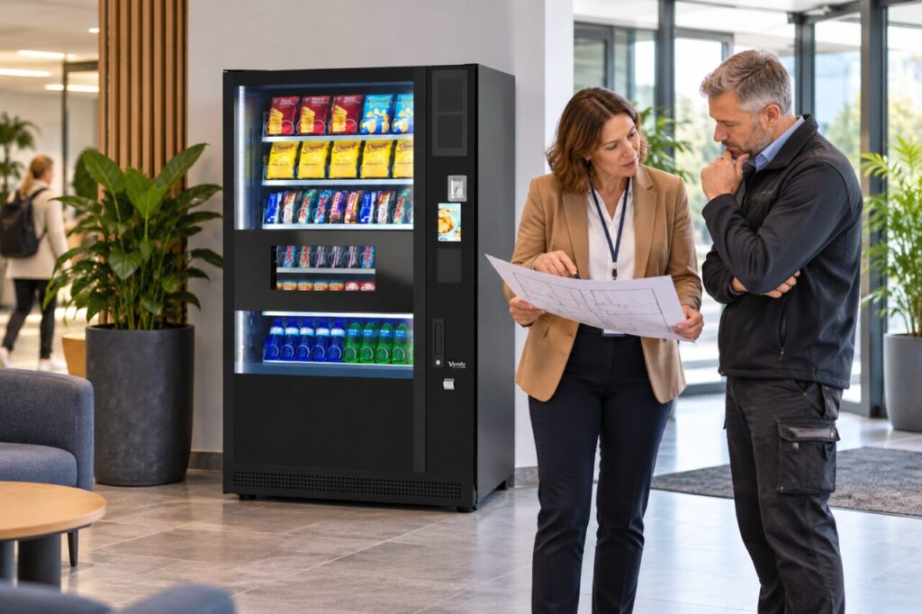 Buyer and building manager review a vending location plan