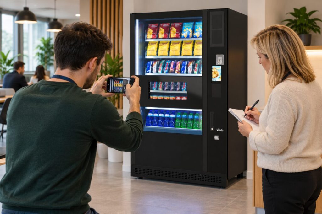 Host photographs vending details while a colleague records observations