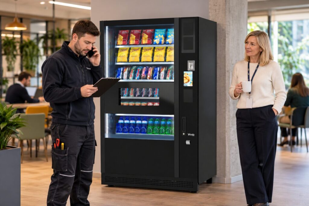 Technician phones the site contact with a vending service summary