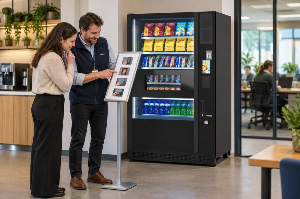 Host checks a freestanding vending instruction notice with a customer