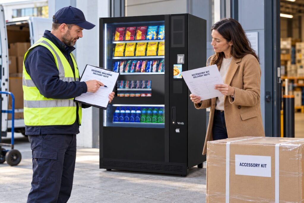 Buyer and delivery representative compare delivery notes and a boxed accessory beside a vending machine.