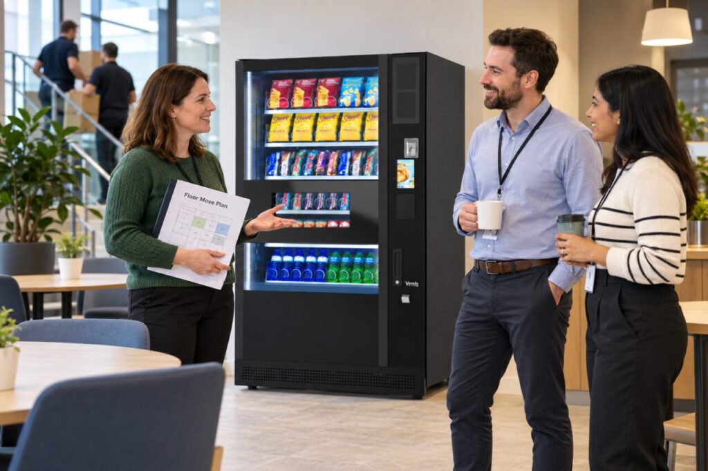 Coordinator discusses a floor move plan with staff beside an office vending machine.