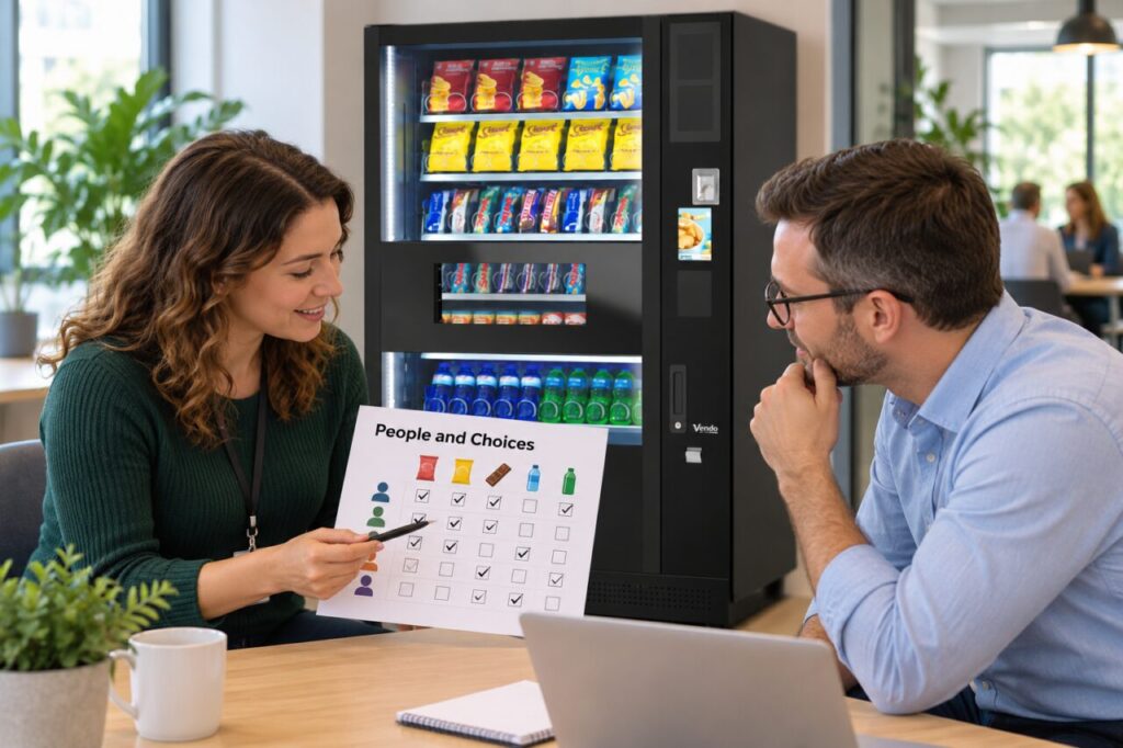 Office staff compare people and product choices on a vending survey sheet.