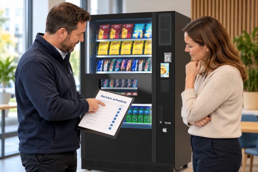 Supplier explains a service schedule beside hired vending equipment.
