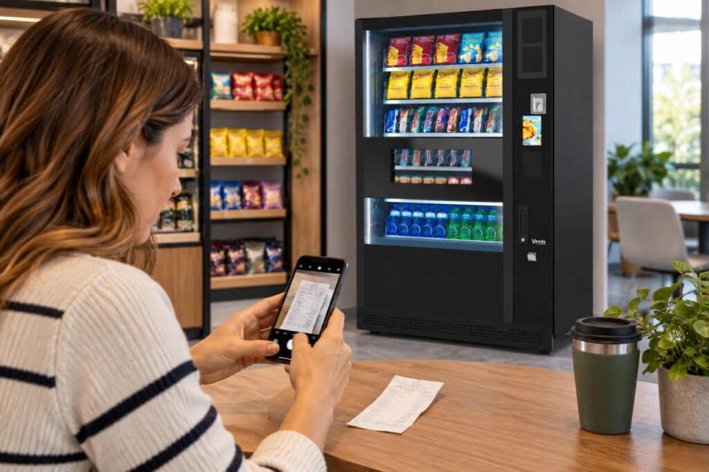 Customer photographs a fading receipt beside a micro-market shelf and vending machine.