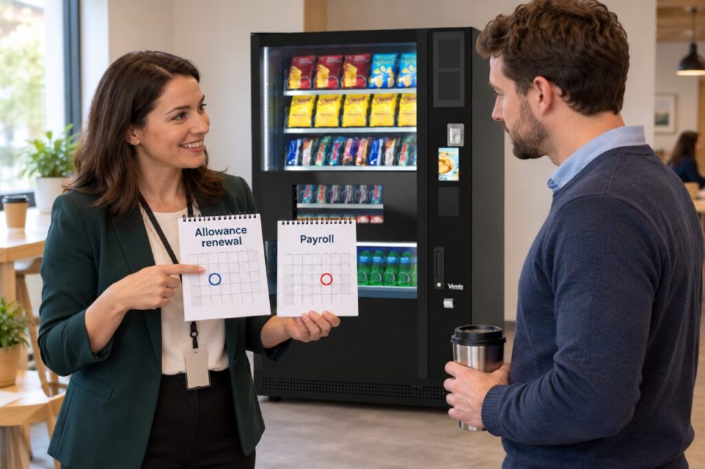 Coordinator explains separate allowance renewal and payroll dates beside a vending machine.
