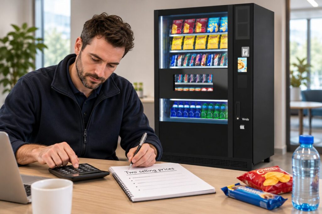 Operator calculates revenue from two selling prices beside a vending machine.