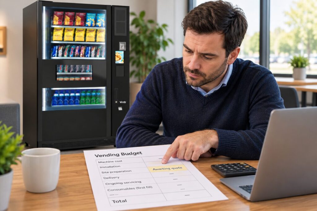Buyer marks an unknown cost in a vending budget beside the equipment.