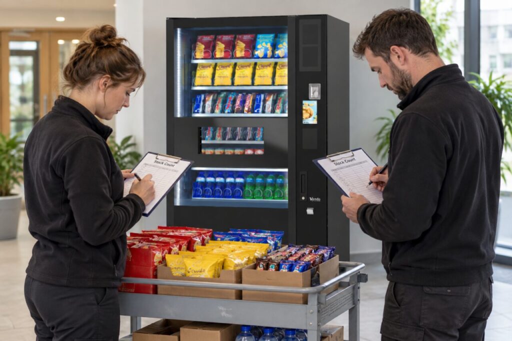 Two operators independently record counts of snack packs beside a vending machine.