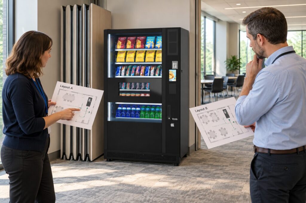 Facilities staff compare two room layouts beside movable partitions and a vending machine.