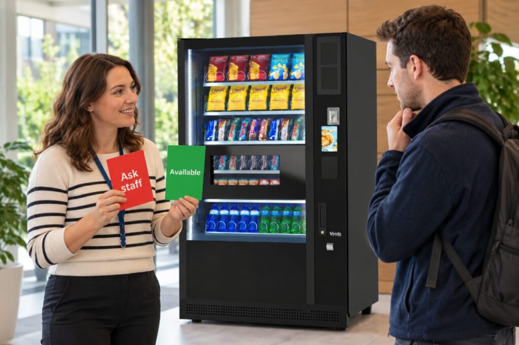 Host explains red and green notices with written instructions beside a vending machine.