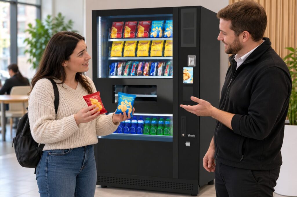 Customer asks a host about two sealed snack packs found at a vending machine.
