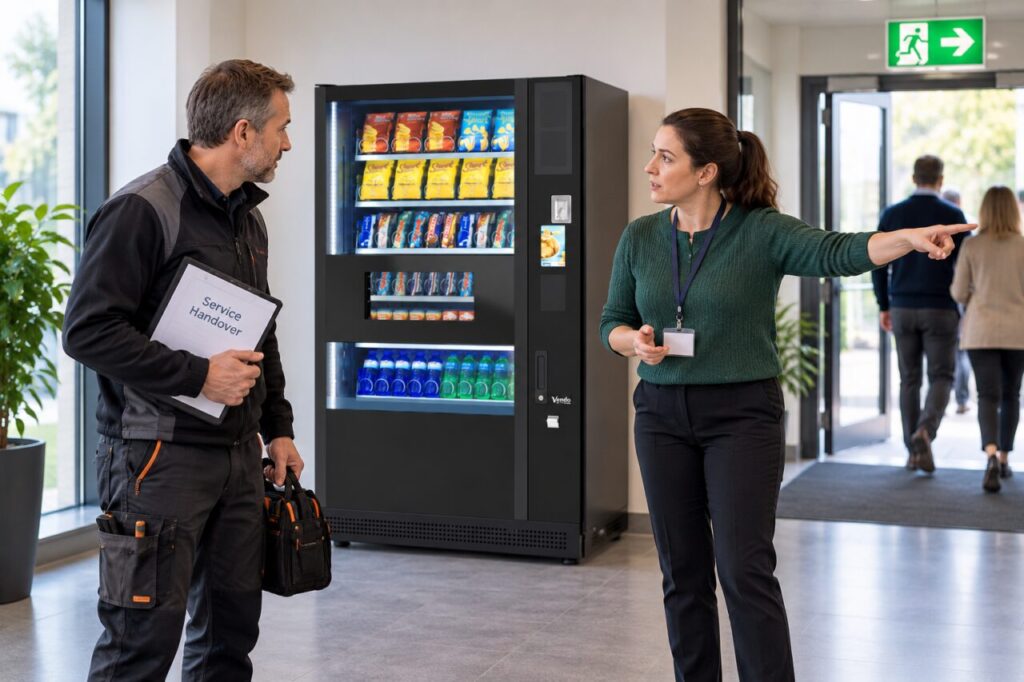 Host directs a technician towards the exit while pausing a vending service handover.