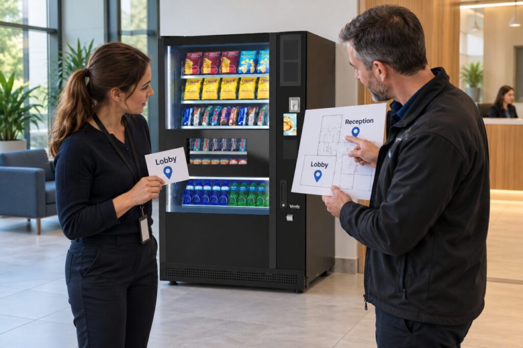 Colleagues compare lobby and reception location names beside the vending machine.