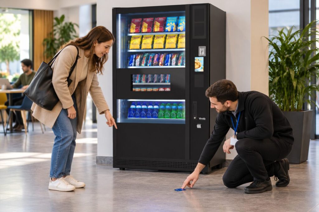 Host retrieves a dropped payment card from the clear floor in front of a vending machine.
