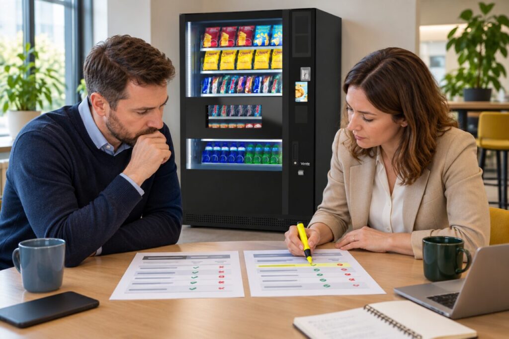 Buyers compare two vending proposals and highlight an unresolved requirement.