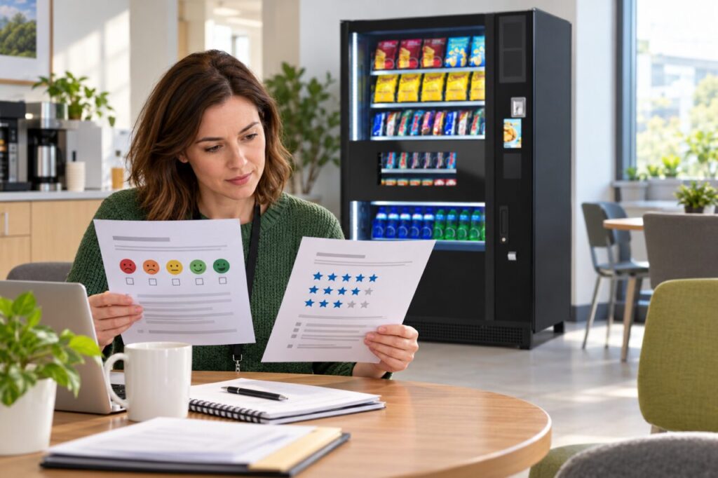 Office coordinator compares two different vending survey rating formats.