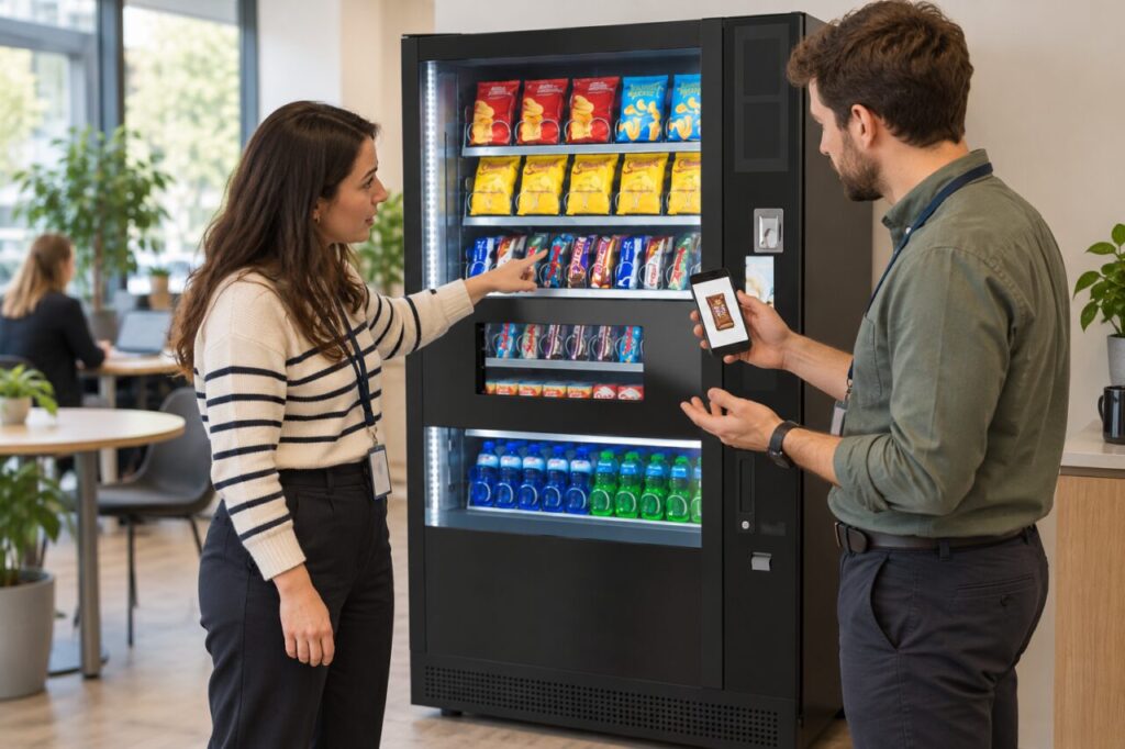 Colleagues compare a requested snack photograph with the vending range.