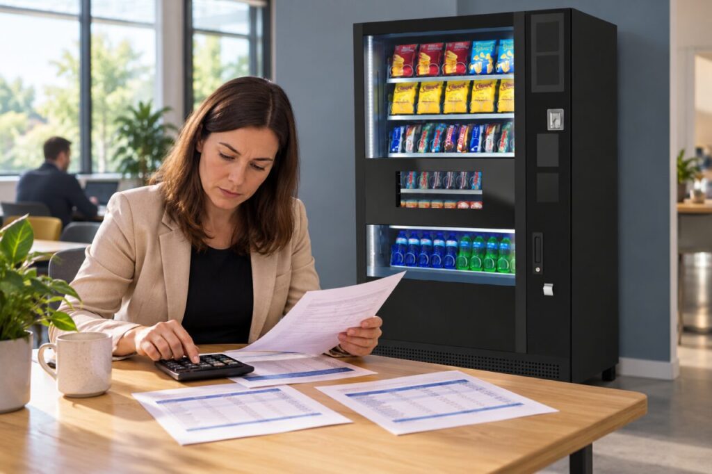 Buyer calculates annual vending hire charges using separate year sheets.