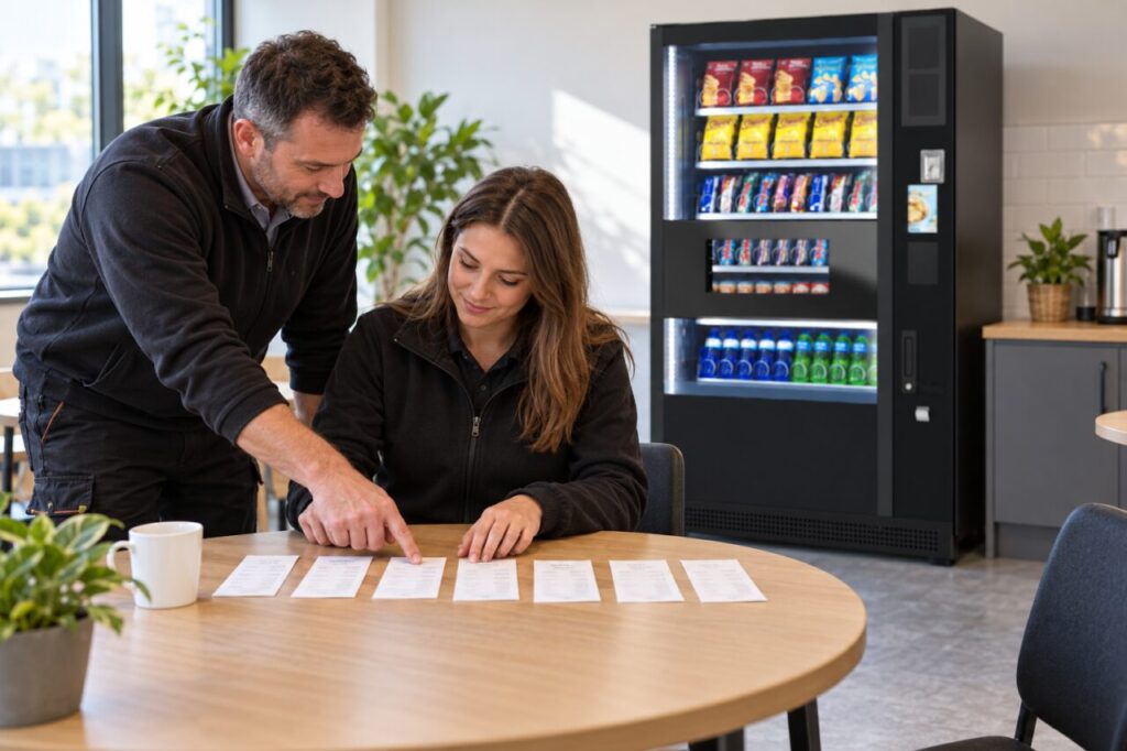 Operators sort daily vending sales slips to identify the middle result.
