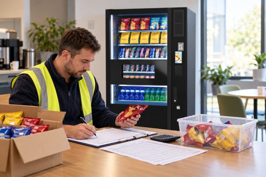 Operator compares stock records and separates damaged vending packs.
