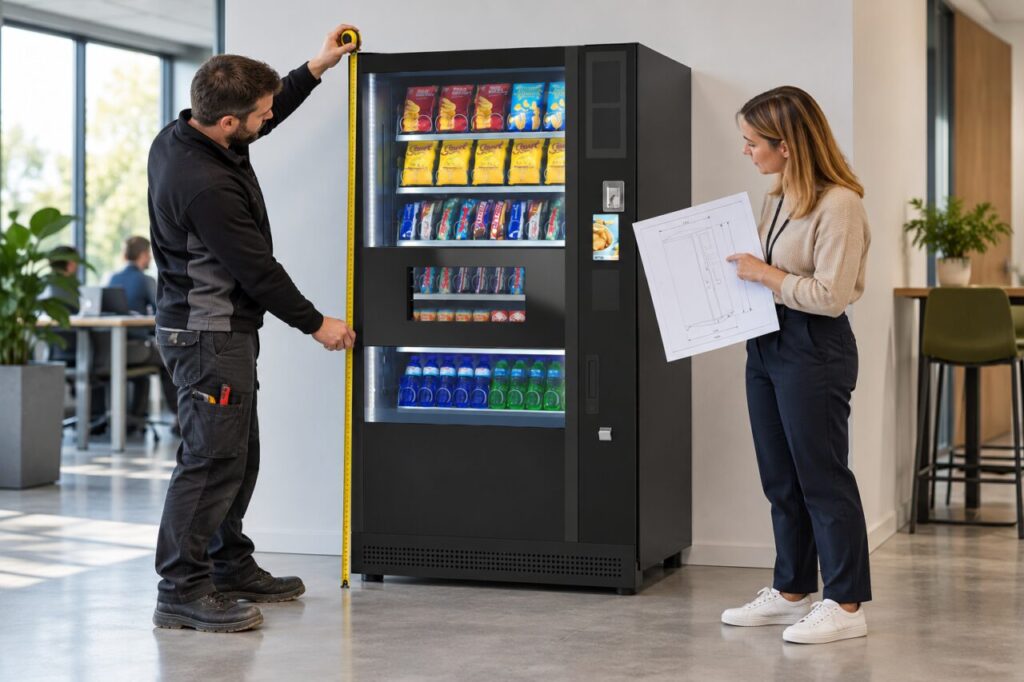 Installer measures a vending cabinet while a buyer checks its drawing.