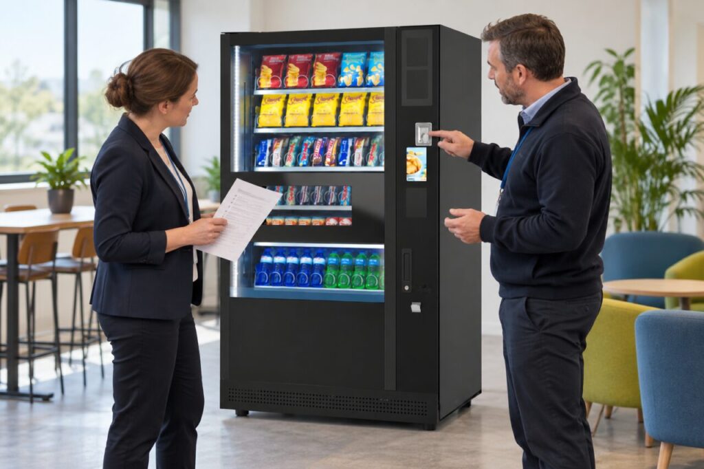 Supplier explains the vending controls while a buyer checks a feature list.
