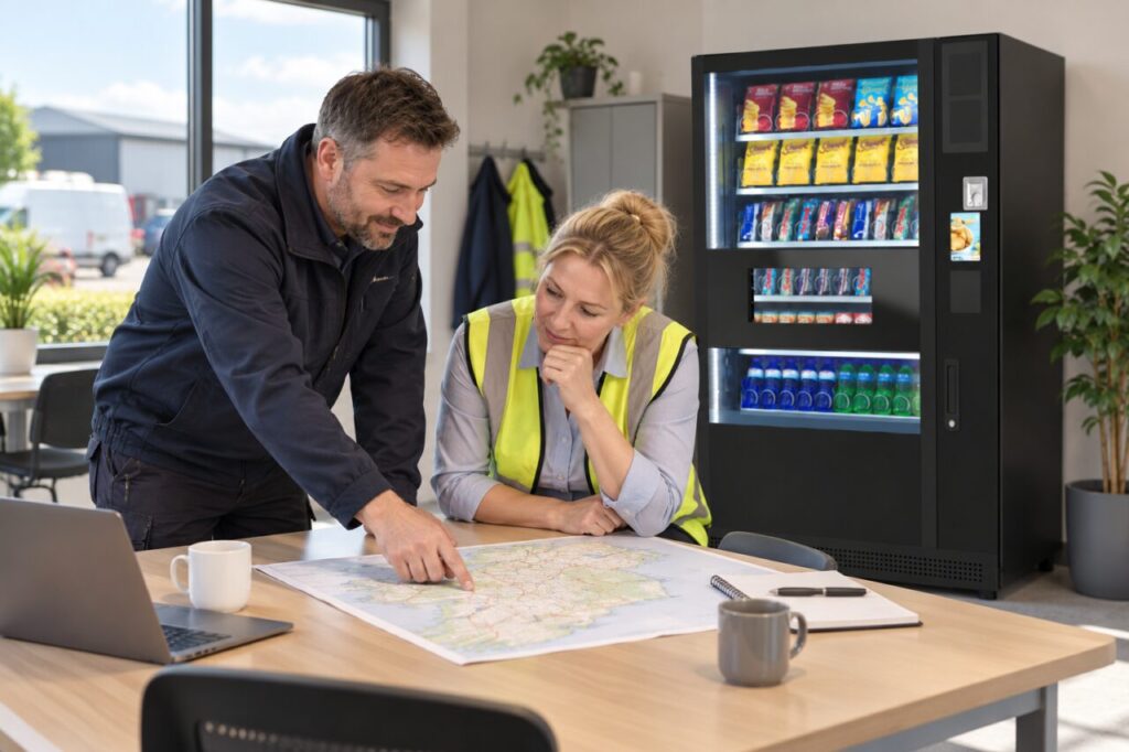 Site manager and supplier examine a service route map beside a vending machine.