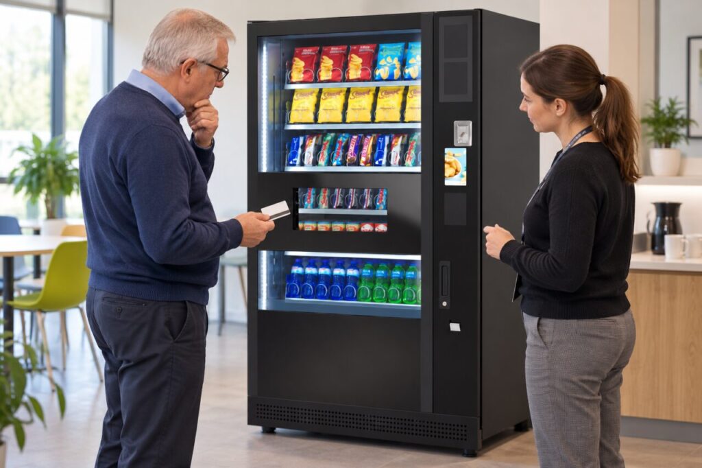 Customer pauses with a bank card while staff observe the vending selection controls.