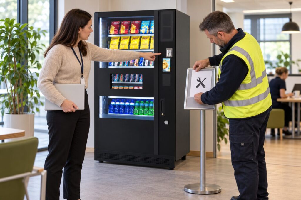 Staff identify a vending control concern and place a temporary service notice.