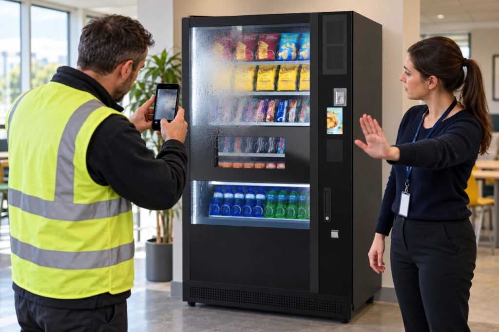 Staff photograph misted vending glass and keep customers clear.