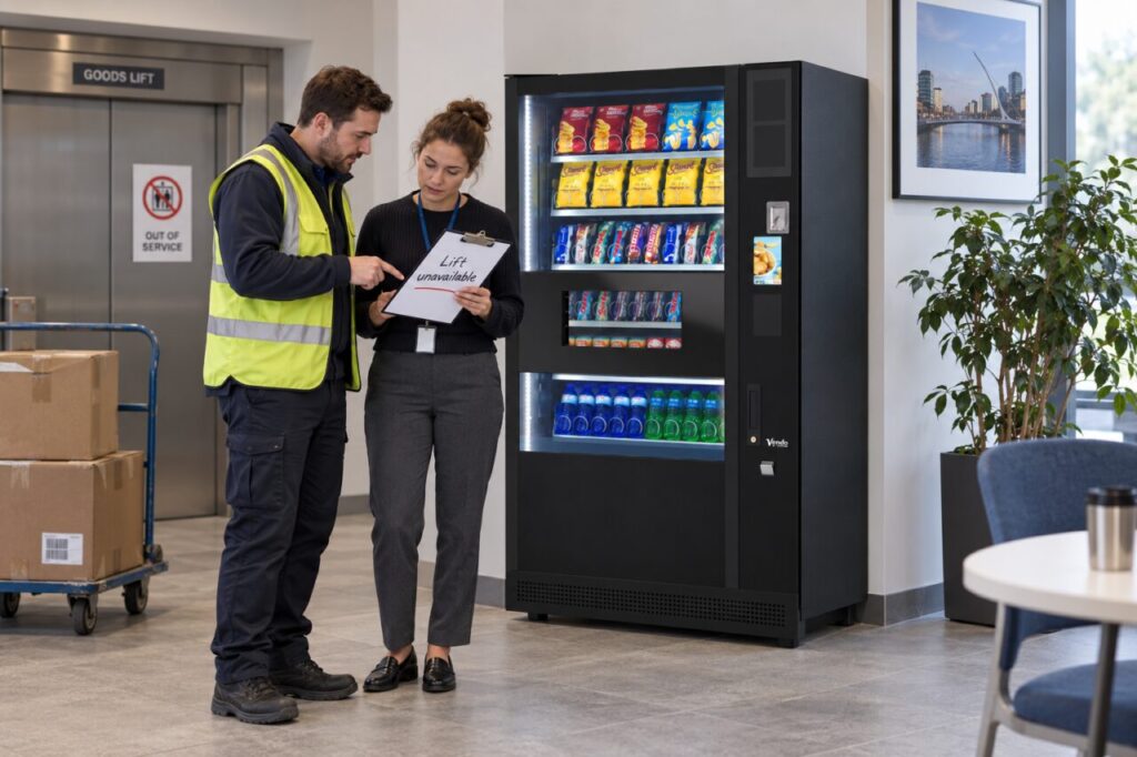 Delivery coordinator and host discuss an unavailable goods lift beside a vending machine