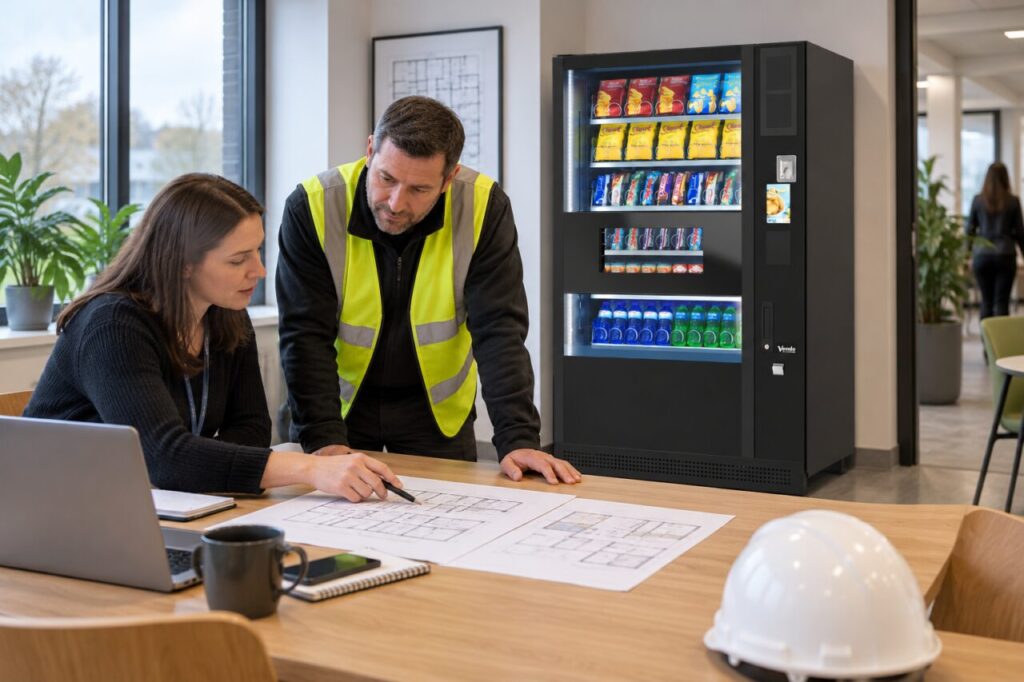 Facilities planner and installer compare revised floor plans beside a vending machine