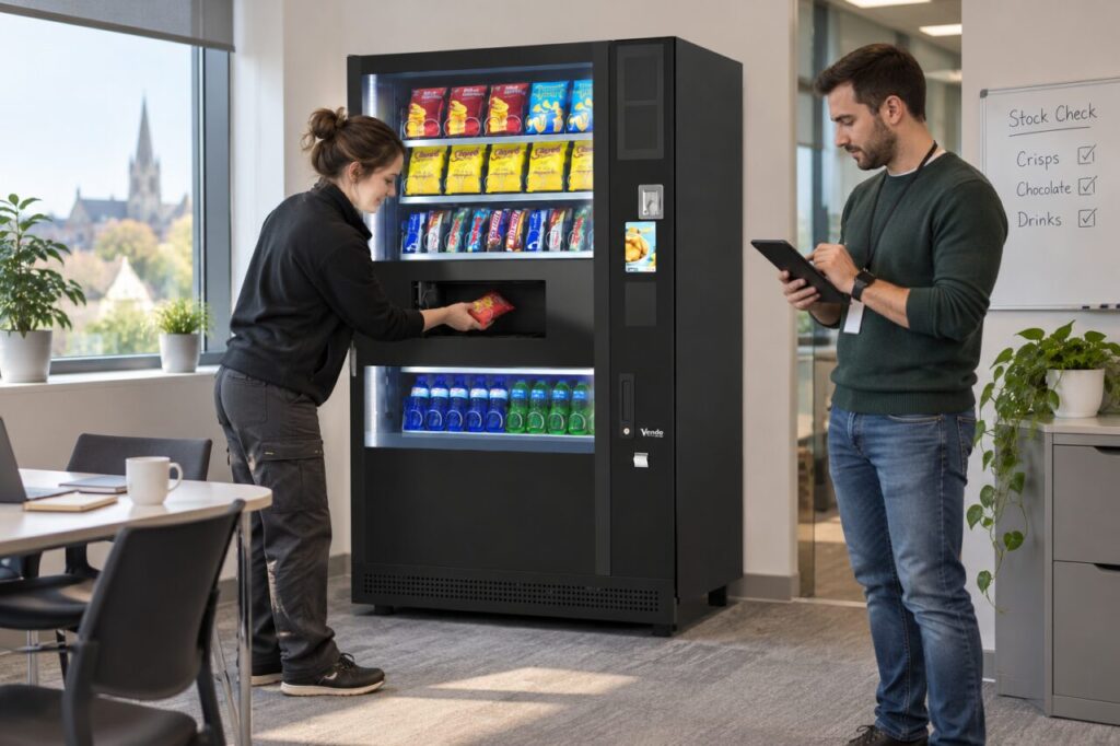 Weekend office customer collects a snack while the host records stock