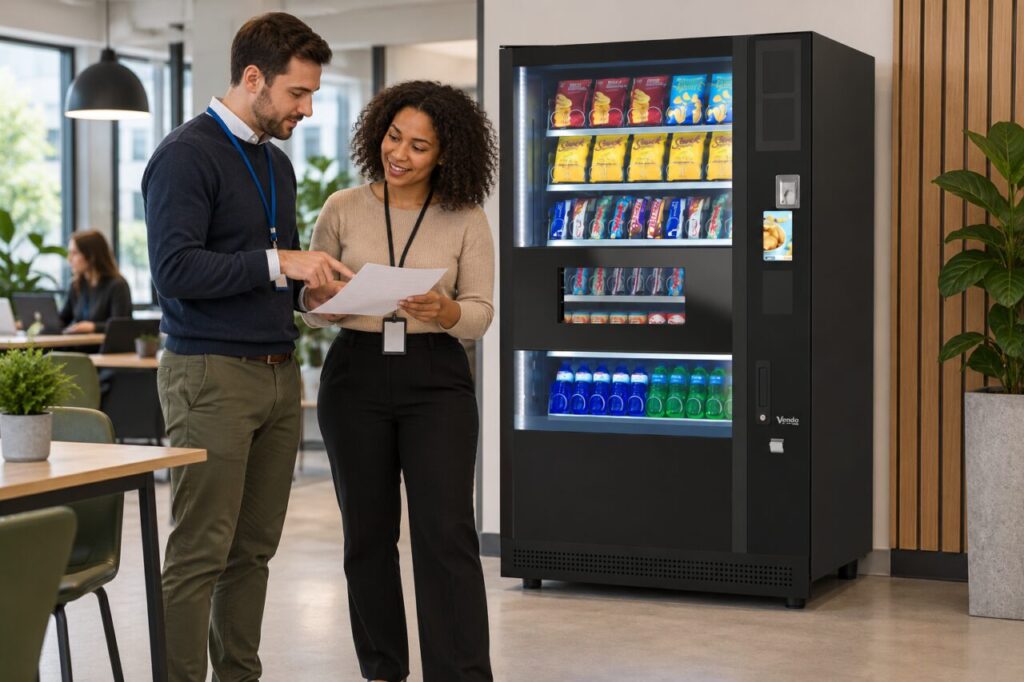 Shared-office representatives discuss a product request beside a vending machine