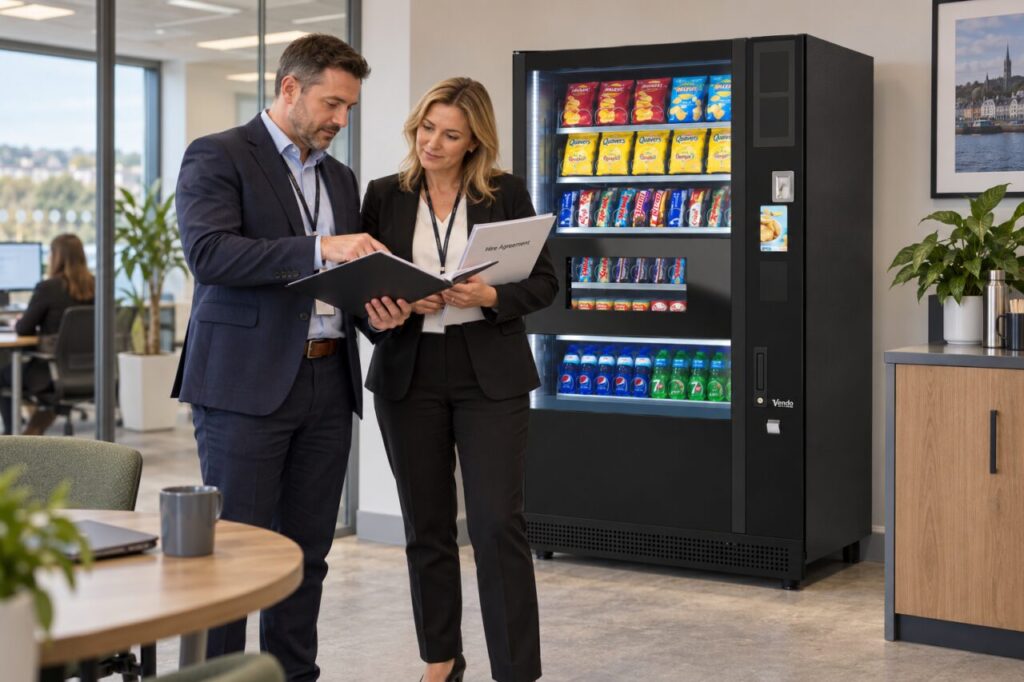 Branch managers review a hire agreement beside a vending machine