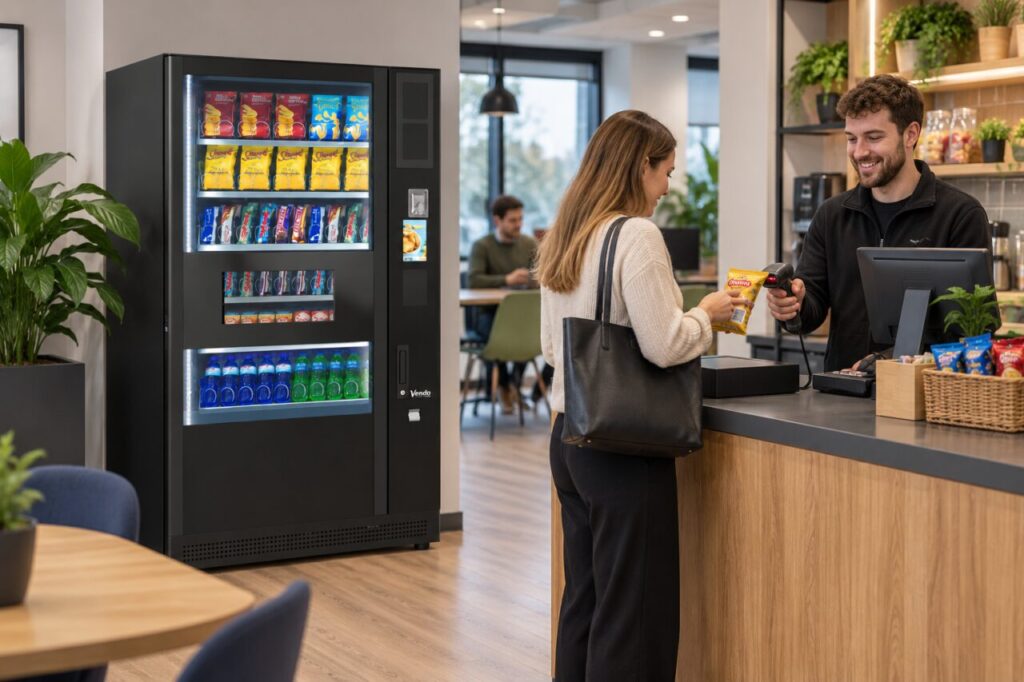 Host helps a customer scan a snack barcode at a checkout beside a vending machine