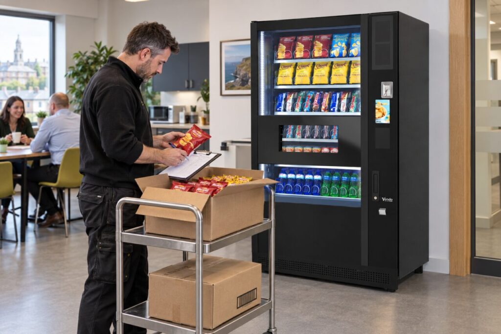 Operator counts individual snack packs from an open carton beside a vending machine
