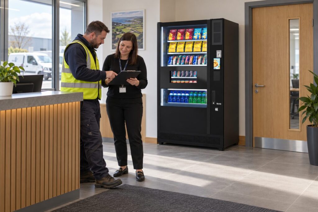 Driver and site host review a missed visit record beside a vending machine