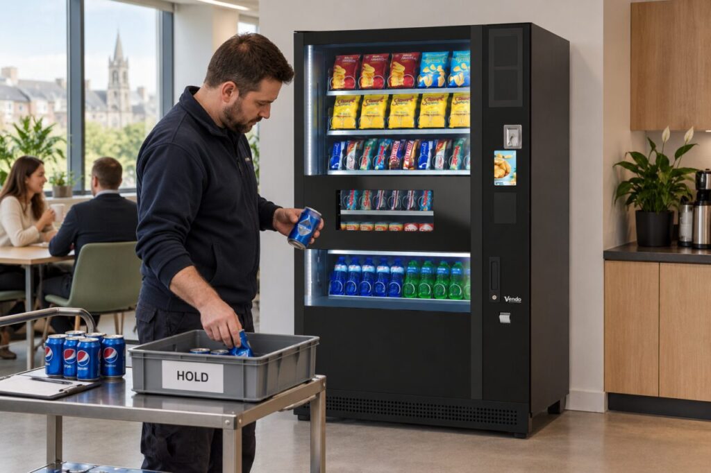 Operator separates a dented drink can into a hold tray beside a vending machine