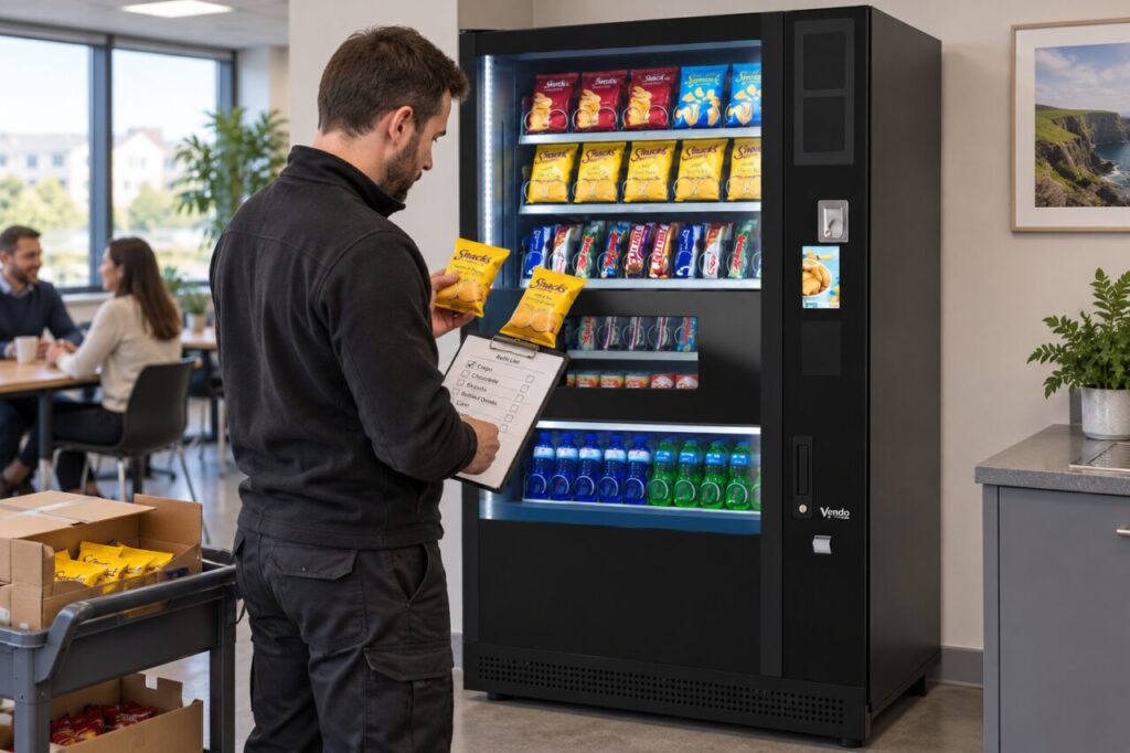 Operator compares similar snack wrappers against a refill list beside a vending machine