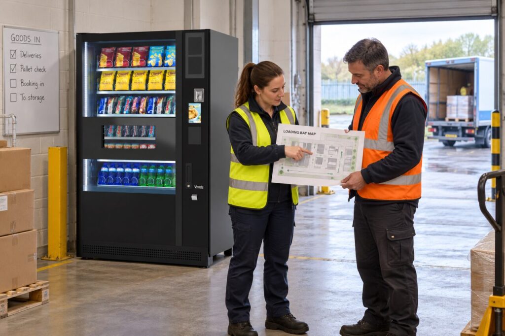 Host and driver review a loading bay map beside a vending machine