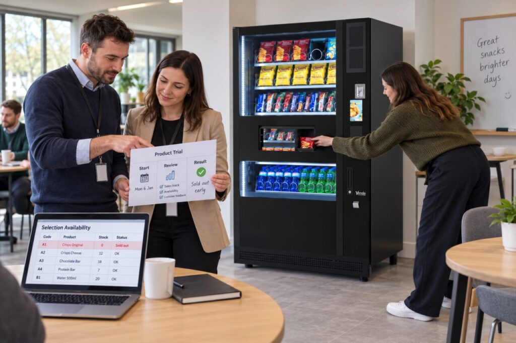 Host and operator review a product trial beside a vending machine with an empty selection