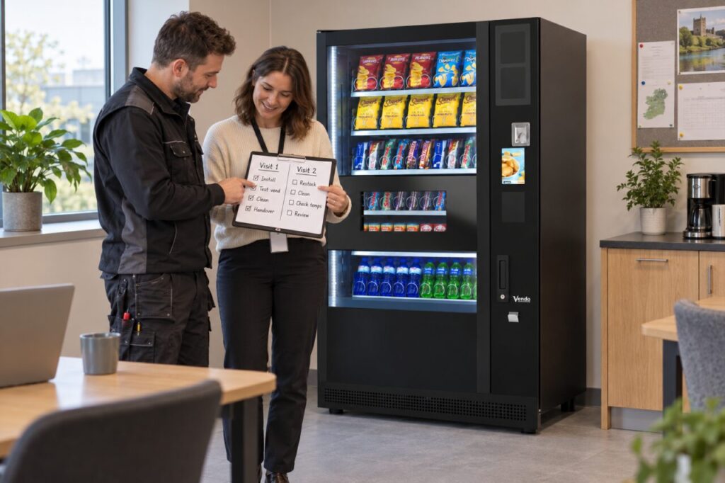 Installer and host review a two-visit schedule beside a vending machine