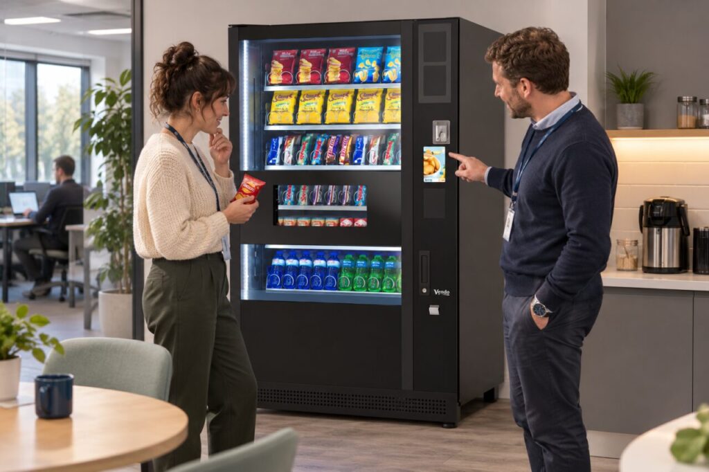 Customer holds a purchased snack while discussing a second vending selection